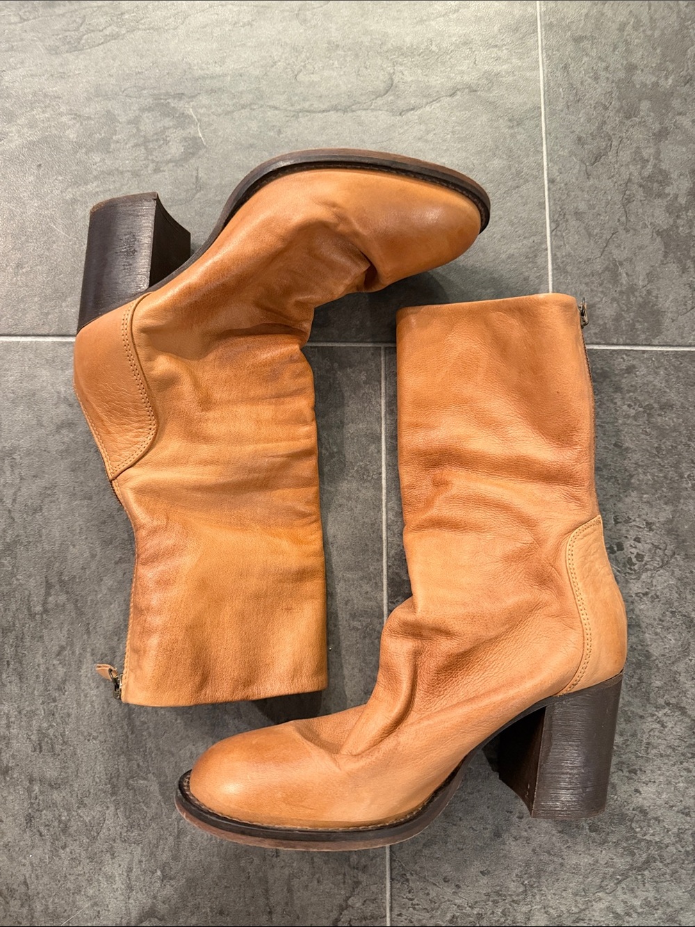 Free People Tan Leather Mid-Calf Heeled Boots